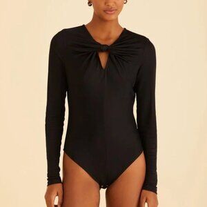 FARM Rio Front Knot Keyhole Satiny Black Long Sleeve Bodysuit